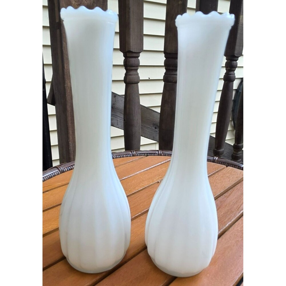 Vintage White Milk Glass Bud Vases – Pair of 9" Ribbed & Scalloped Vases
